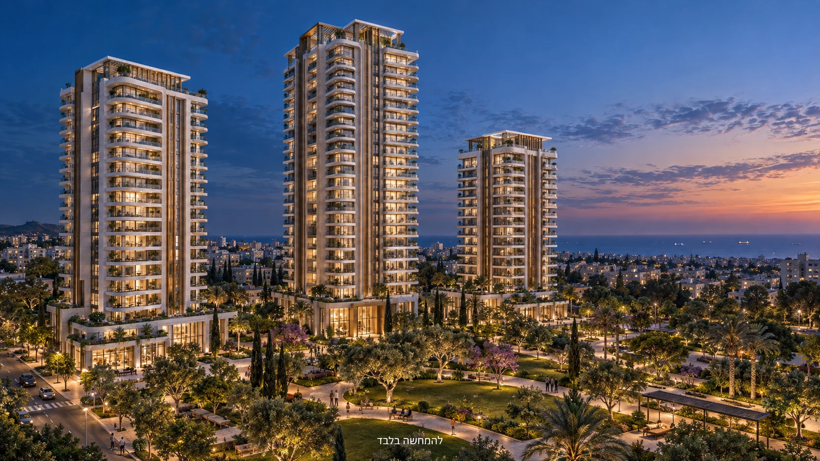 אותו מתחם אחרי פינוי־בינוי — שלושה מגדלי מגורים וגן ציבורי — הדמיה