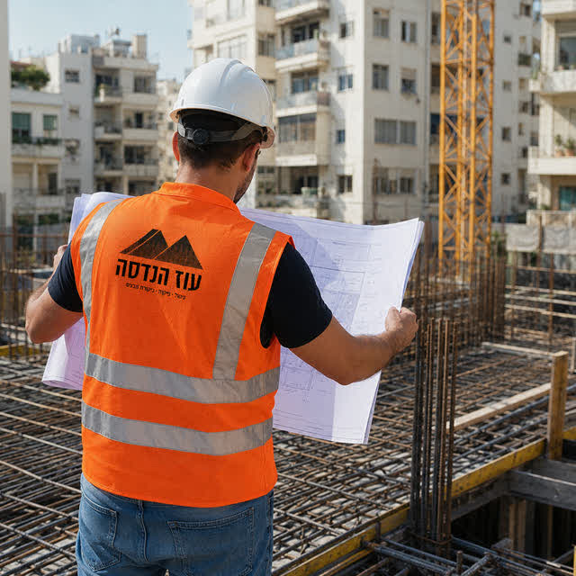 מפקח עוז הנדסה בווסט ממותג בוחן תוכניות על רצפת ברזל באתר בנייה