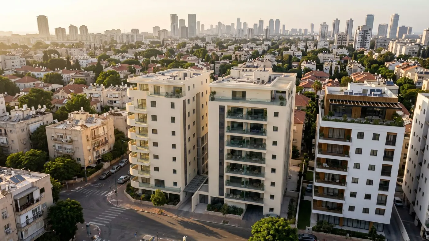הדמיה אווירית של הרא"ה 273–275 ברמת גן, עם קו הרקיע של גוש דן ברקע