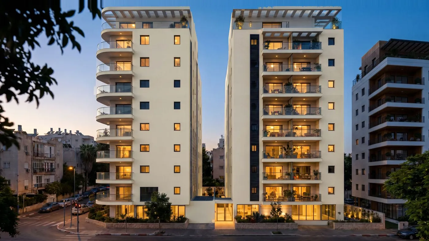 הדמיית שני בנייני המגורים בהרא"ה 273–275, רמת גן, כפי שהוגשה לוועדה
